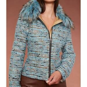 NEW OOLALA tweed racoon faur zip jacket in blue